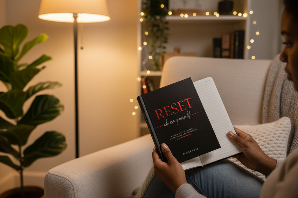 Journal held in cozy reading nook